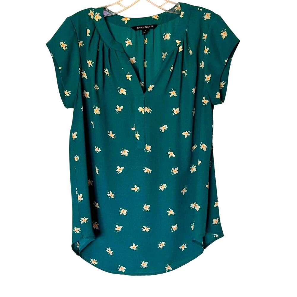 41 Hawthorn Wms Sm Hope Split Neck Teal Green Floral Blouse Cottagecore